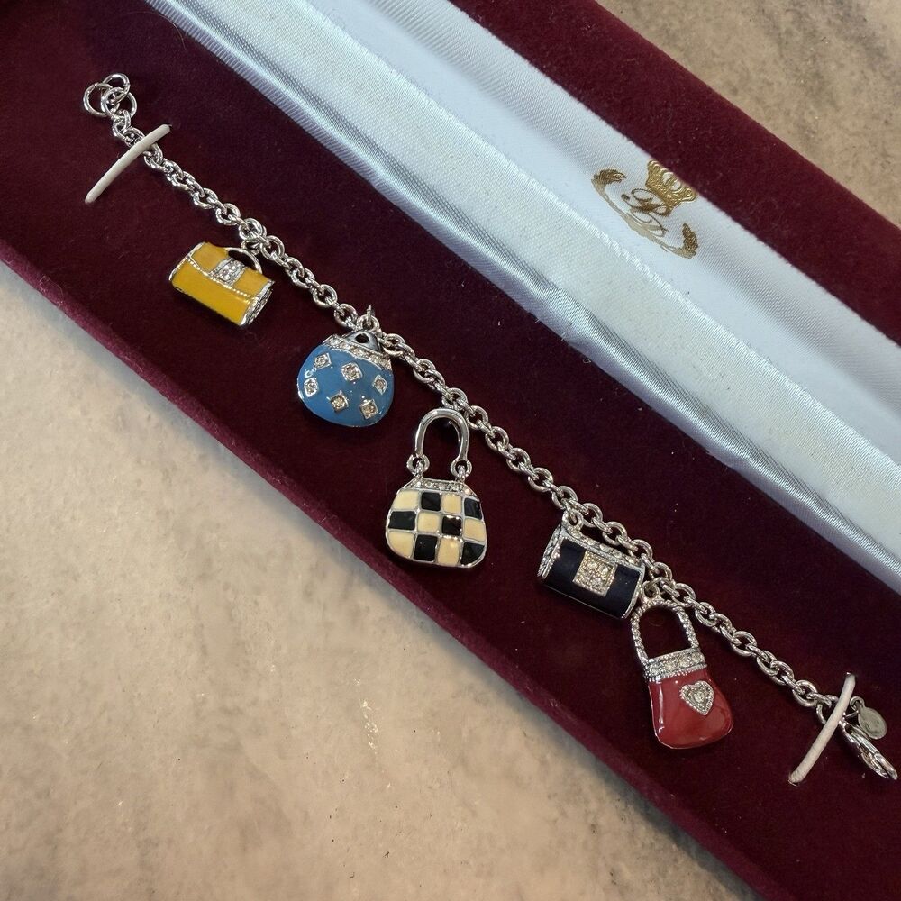 Premier Designs 5 Purse Charm Bracelet Crystals Enamel Made In Italy W/ Box